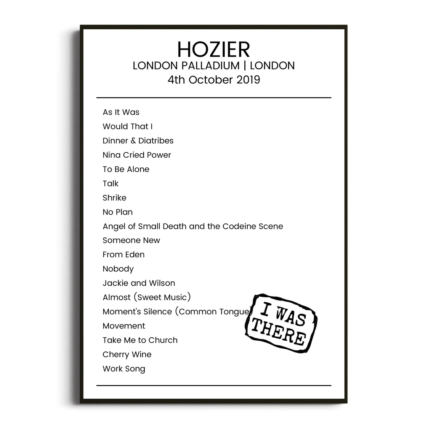 Hozier London 04 October 2019 Setlist Poster