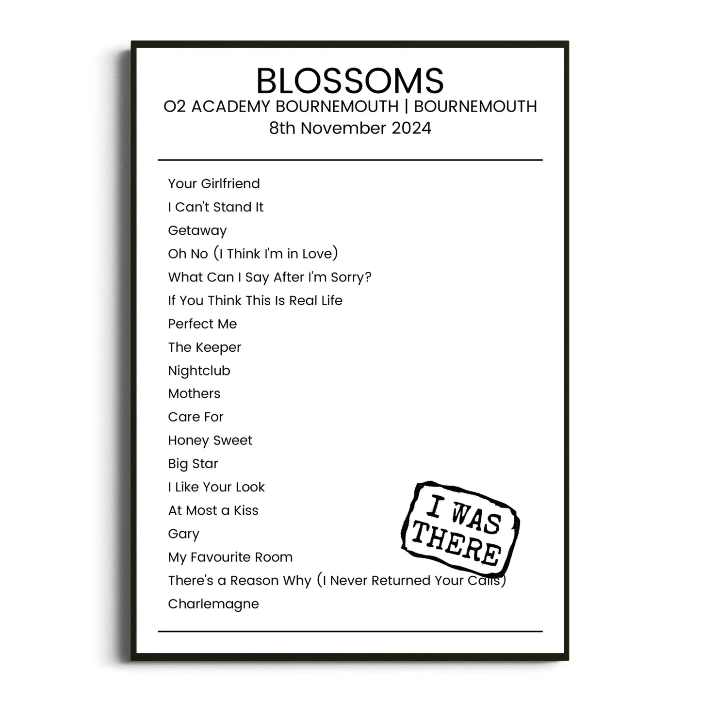 Blossoms Bournemouth 08 November 2024 Setlist Poster