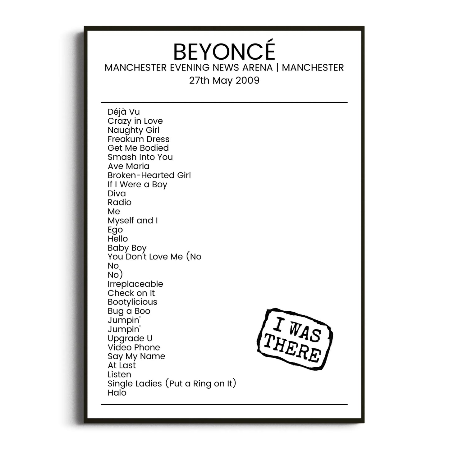 Beyoncé Manchester 27 May 2009 Setlist Poster