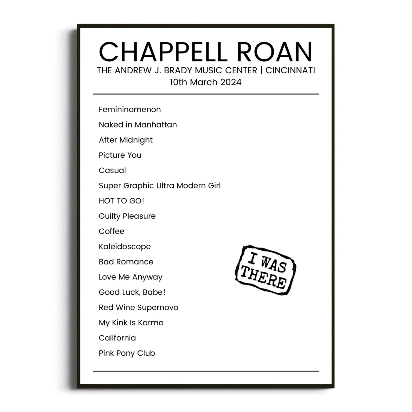 Chappell Roan Cincinnati 10 March 2024 Setlist Poster