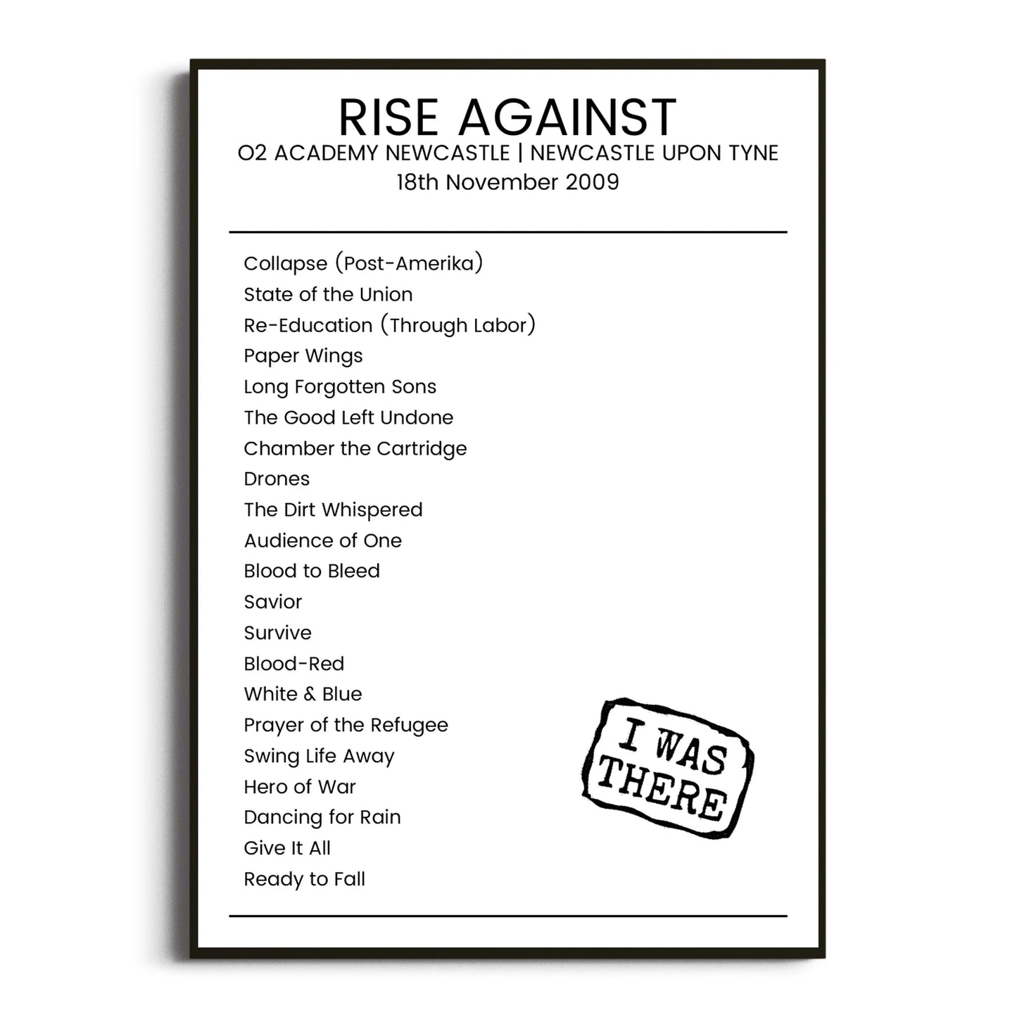 Rise Against Newcastle upon Tyne 18 November 2009 Setlist Poster