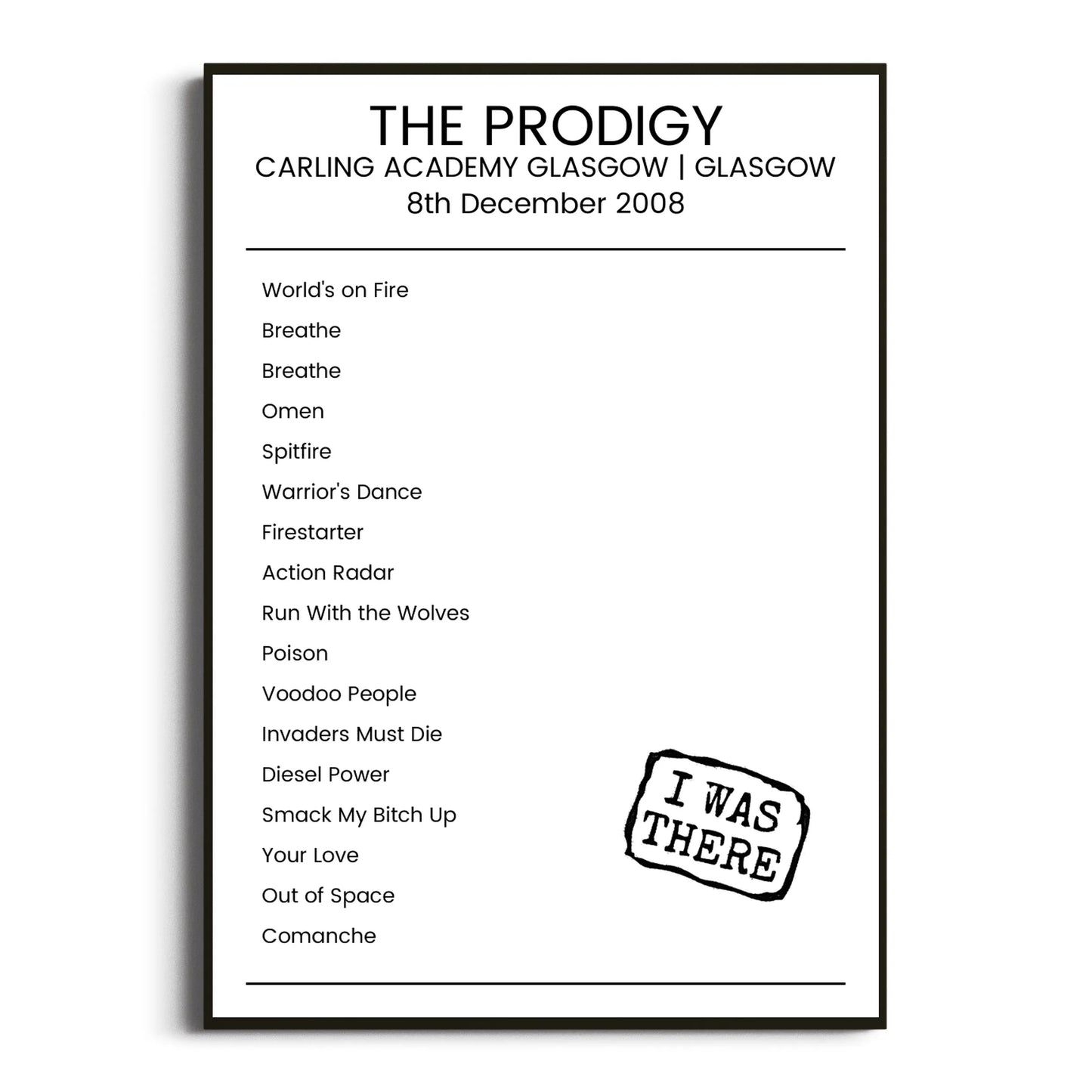 The Prodigy Glasgow 08 December 2008 Setlist Poster