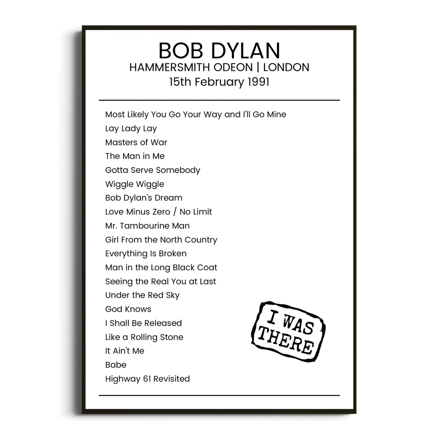 Bob Dylan London 15 February 1991 Setlist Poster