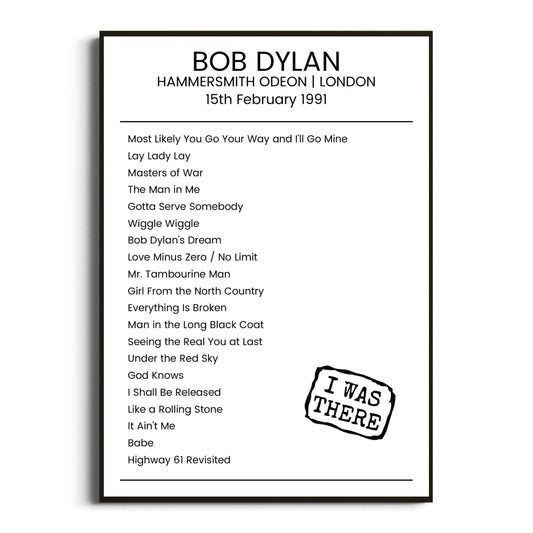 Bob Dylan London 15 February 1991 Setlist Poster