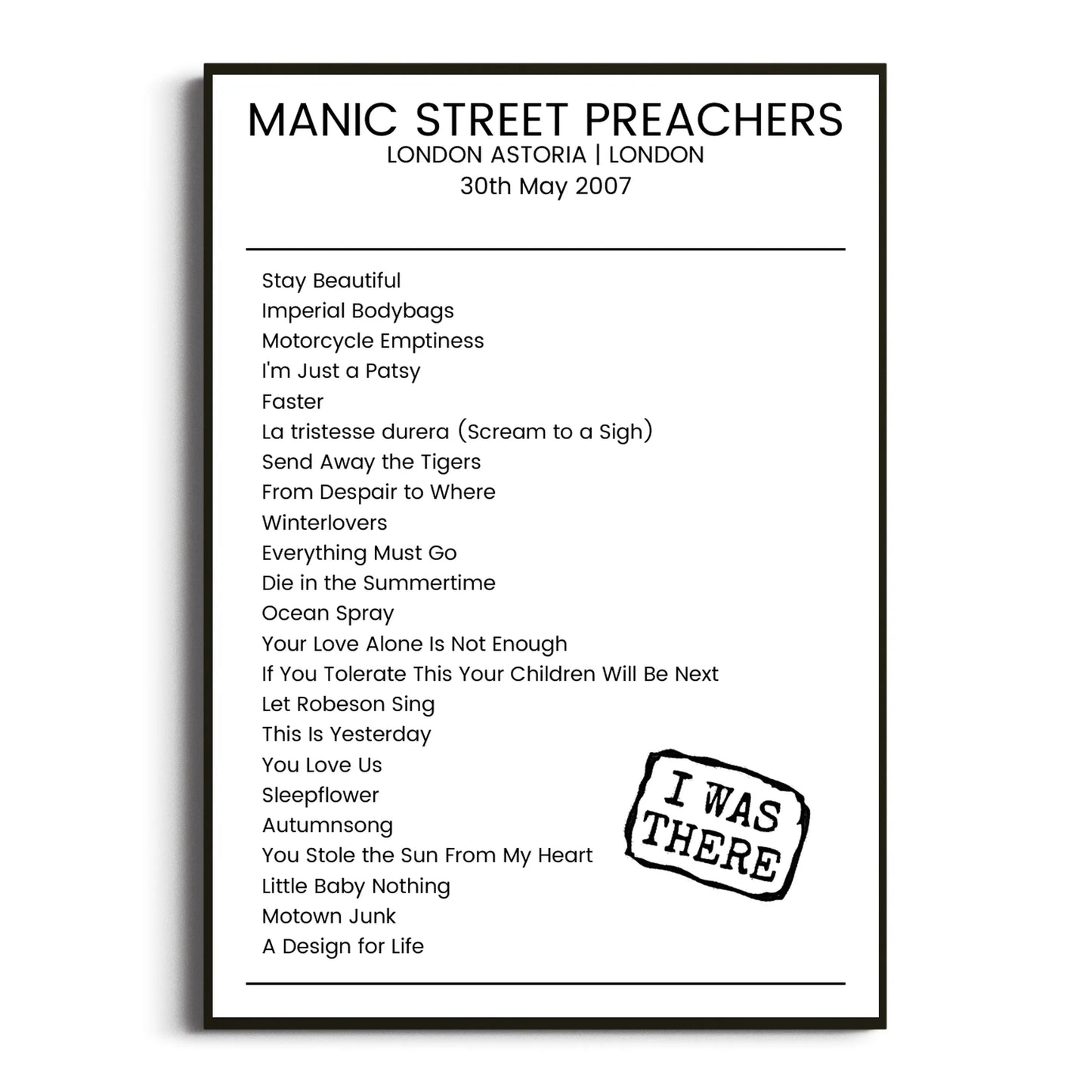 Manic Street Preachers London 30 May 2007 Setlist Poster