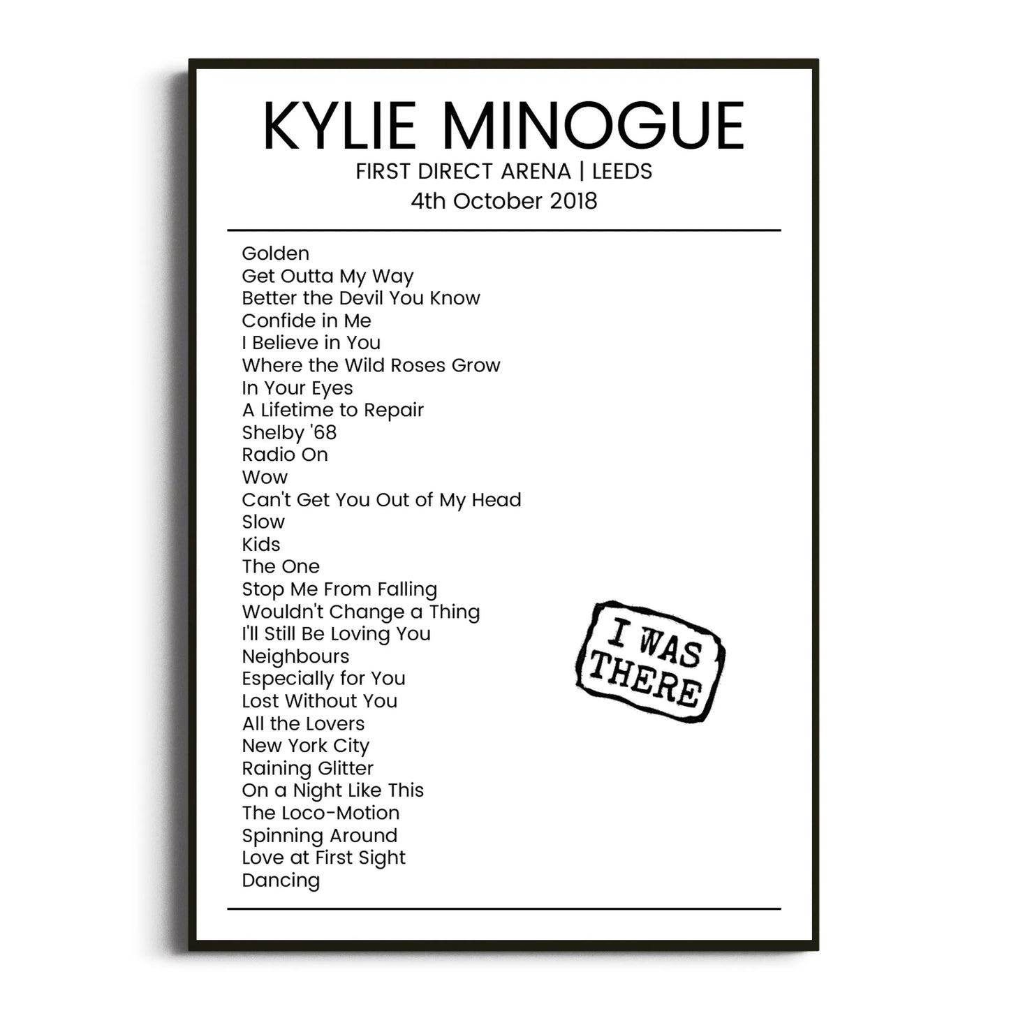 Kylie Minogue Leeds 04 October 2018 Setlist Poster