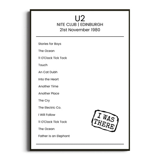 U2 Edinburgh 21 November 1980 Setlist Poster