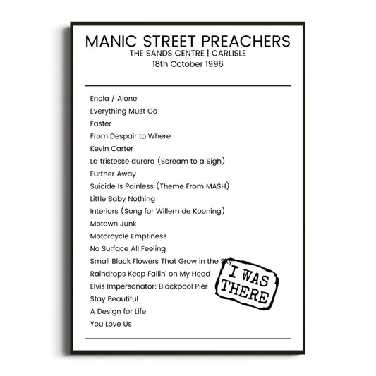 Manic Street Preachers Carlisle 18 October 1996 Setlist Poster