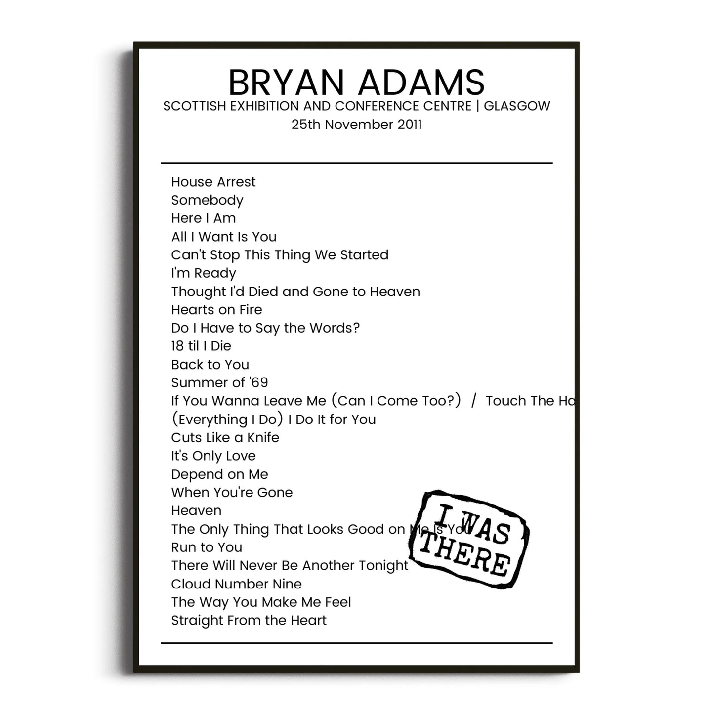 Bryan Adams Glasgow 25 November 2011 Setlist Poster