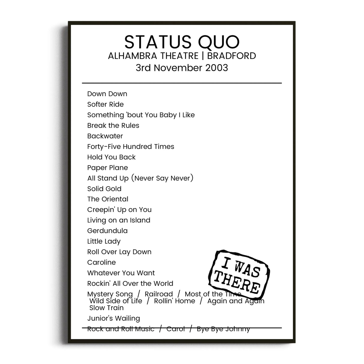 Status Quo Bradford 03 November 2003 Setlist Poster