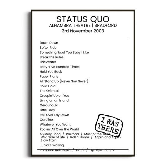 Status Quo Bradford 03 November 2003 Setlist Poster