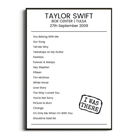 Taylor Swift Tulsa 27 September 2009 Setlist Poster