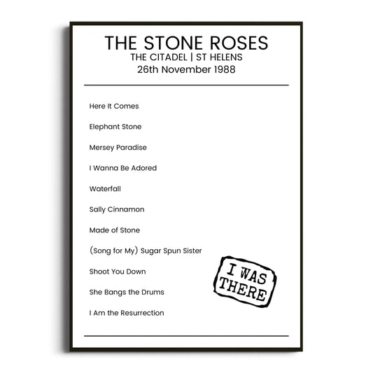 The Stone Roses St Helens 26 November 1988 Setlist Poster