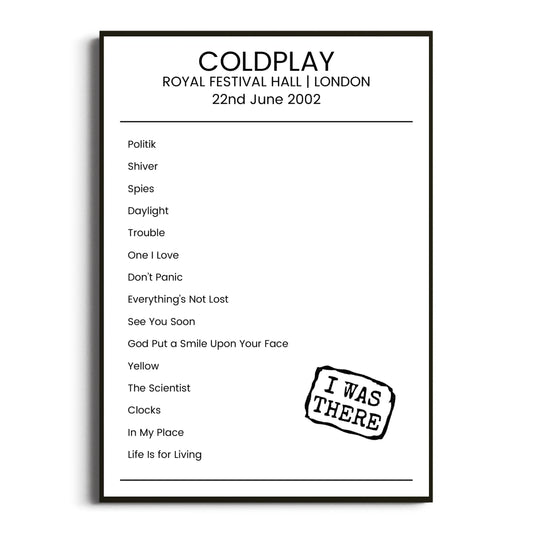 Coldplay London 22 June 2002 Setlist Poster