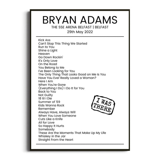 Bryan Adams Belfast 29 May 2022 Setlist Poster