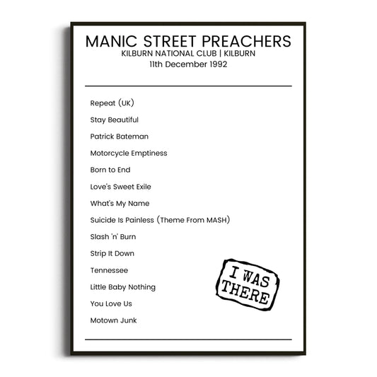 Manic Street Preachers Kilburn 11 December 1992 Setlist Poster