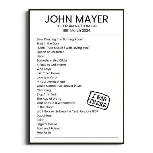 John Mayer London 18 March 2024 Setlist Poster