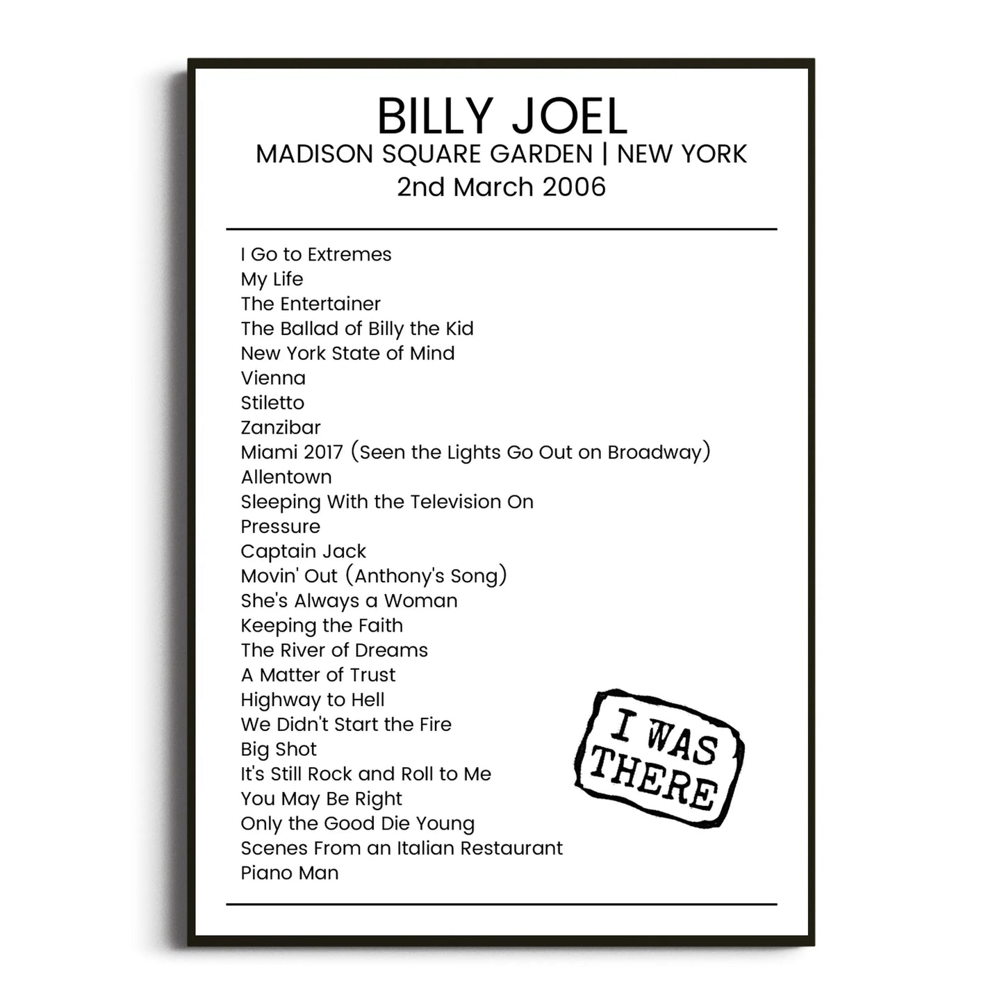 Billy Joel New York 02 March 2006 Setlist Poster