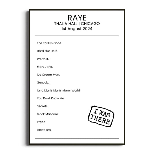 RAYE Chicago 01 August 2024 Setlist Poster