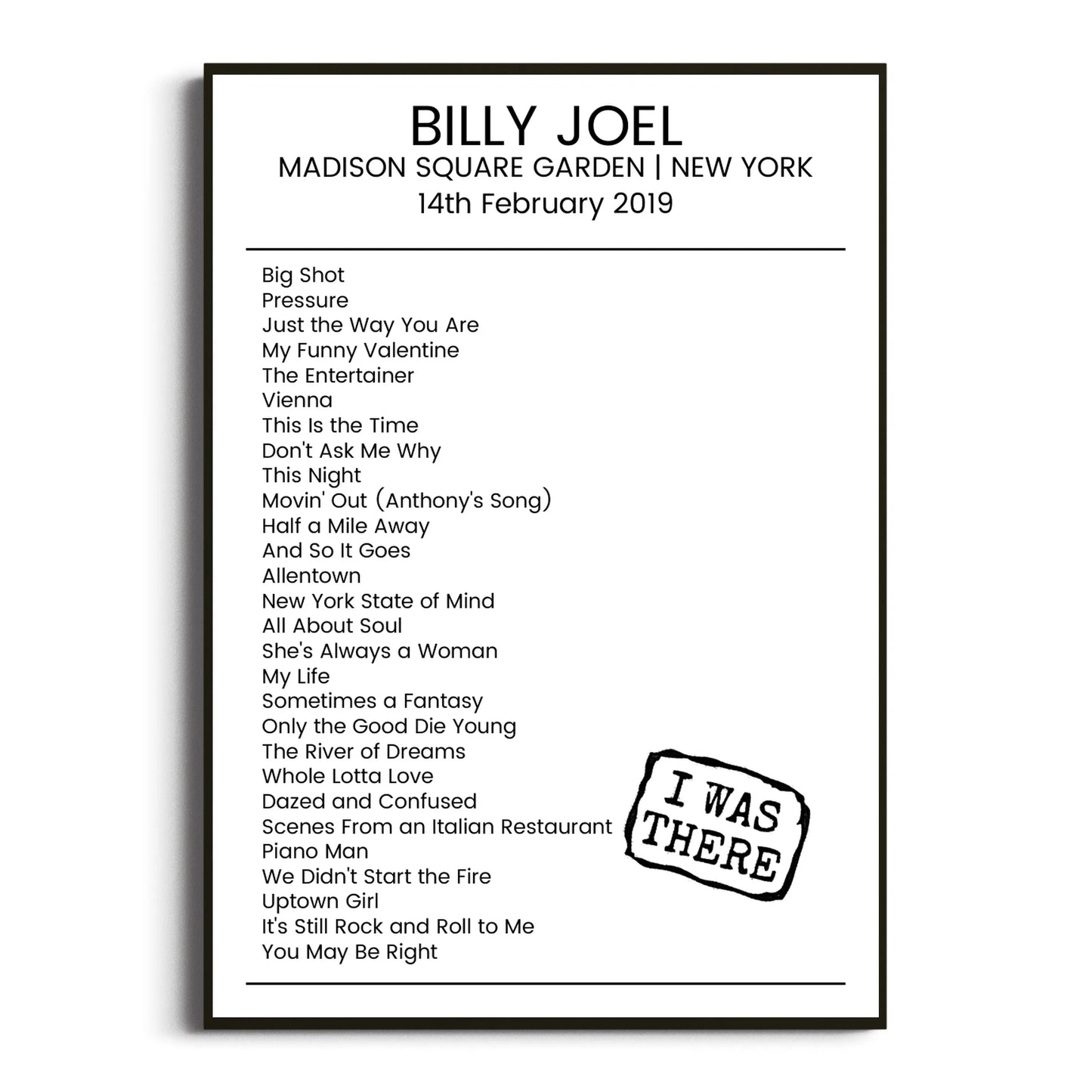 Billy Joel New York 14 February 2019 Setlist Poster