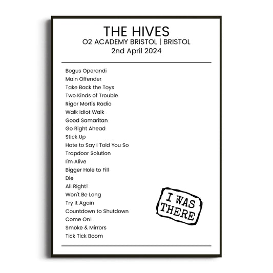 The Hives Bristol 02 April 2024 Setlist Poster