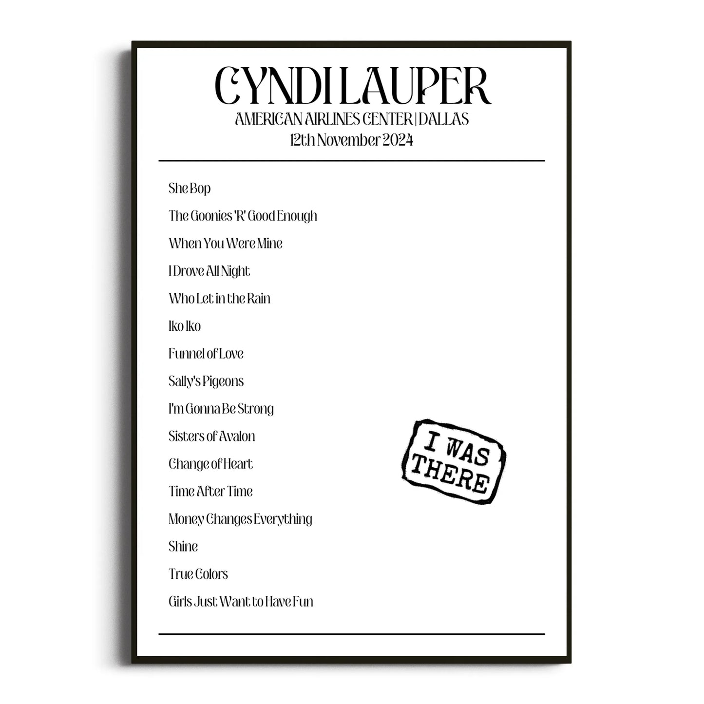 Cyndi Lauper Dallas 12 November 2024 Setlist Poster