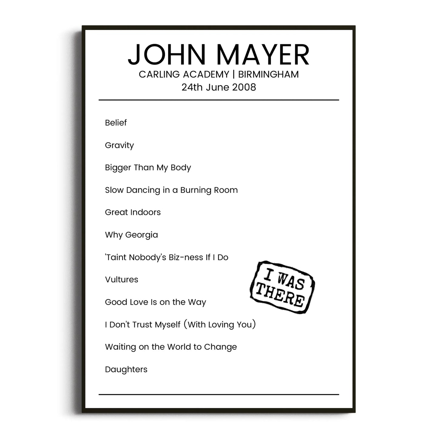 John Mayer Birmingham 24 June 2008 Setlist Poster