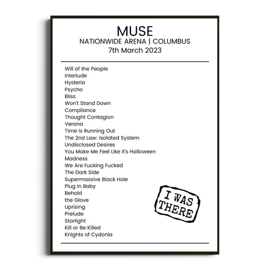 Muse Columbus 07 March 2023 Setlist Poster