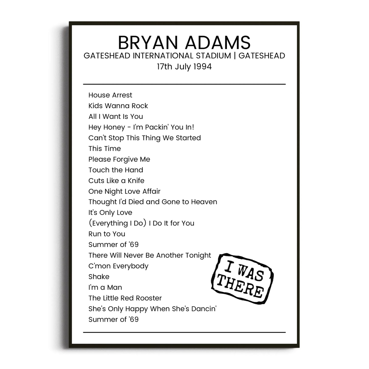 Bryan Adams Gateshead 17 July 1994 Setlist Poster