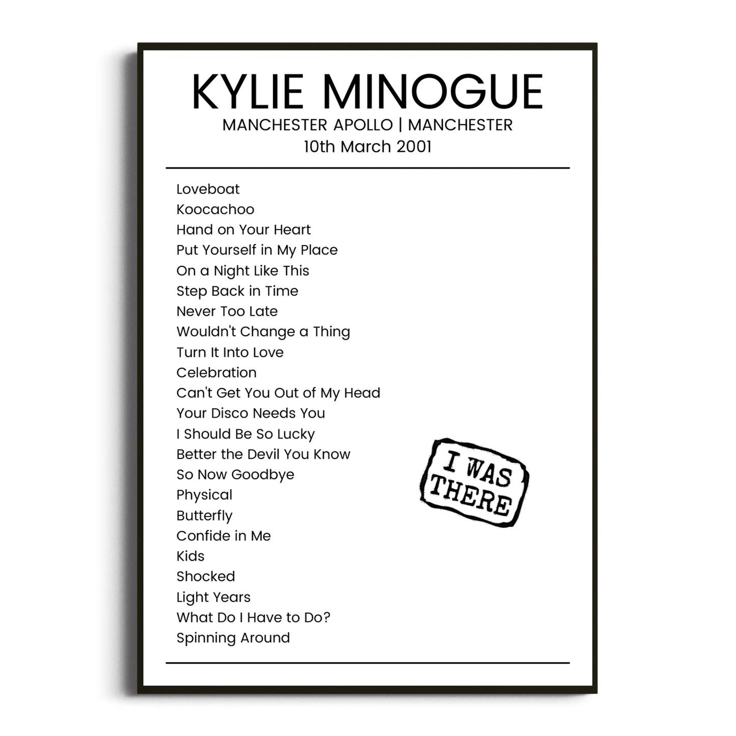 Kylie Minogue Manchester 10 March 2001 Setlist Poster