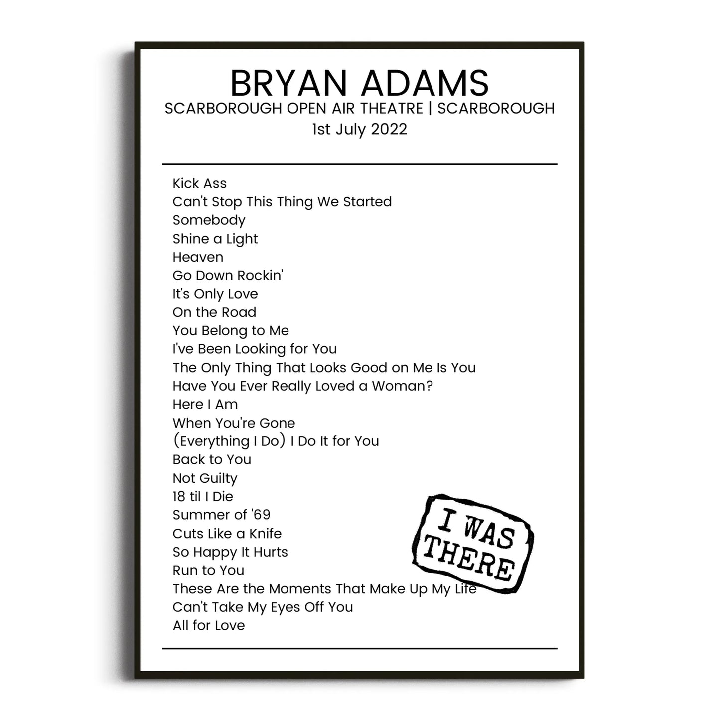 Bryan Adams Scarborough 01 July 2022 Setlist Poster