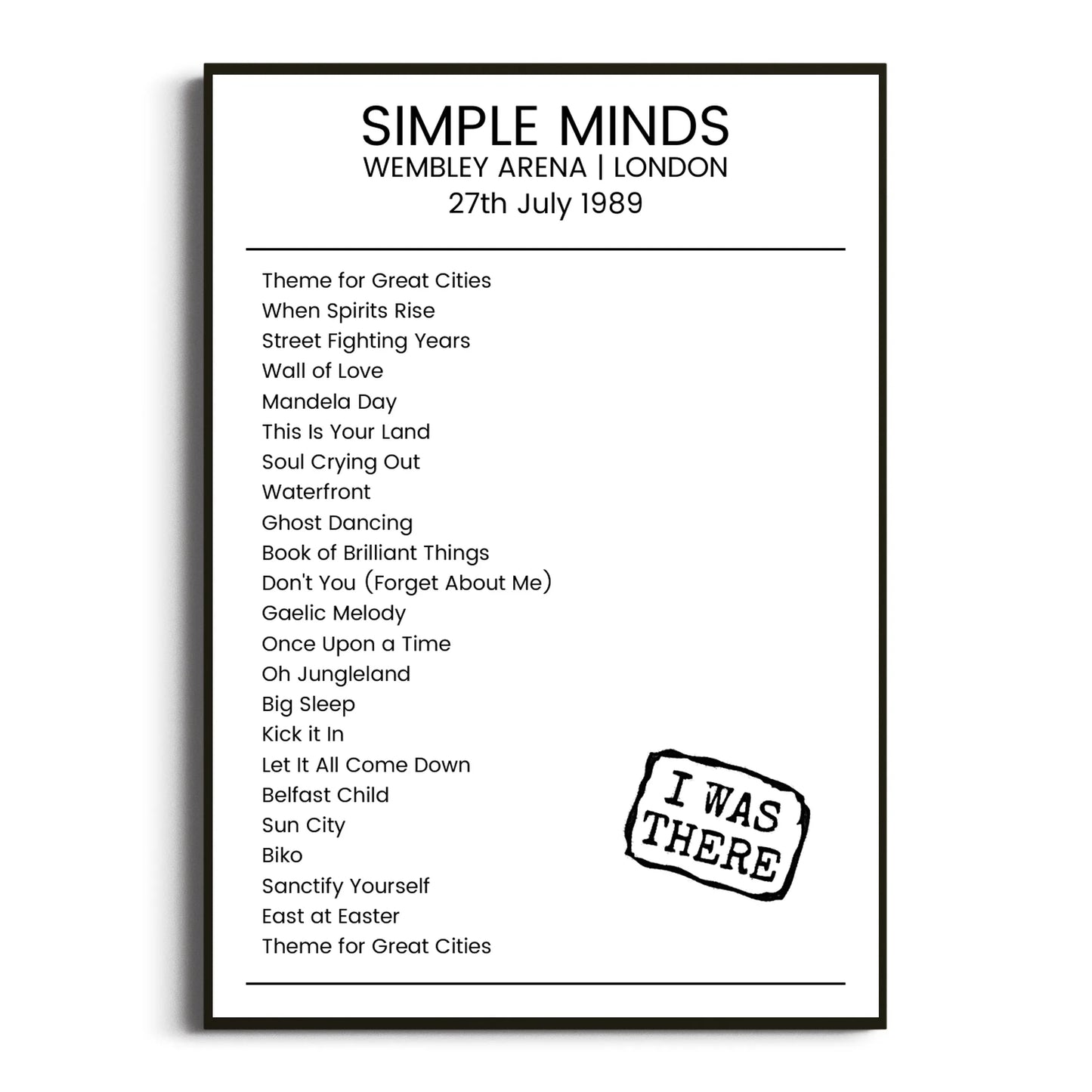 Simple Minds London 27 July 1989 Setlist Poster