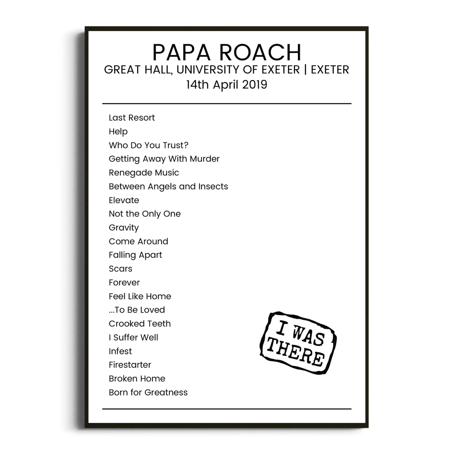 Papa Roach Exeter 14 April 2019 Setlist Poster