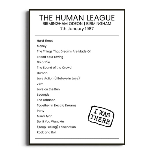 The Human League Birmingham 07 January 1987 Setlist Poster