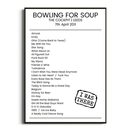 Bowling for Soup Leeds 07 April 2011 Setlist Poster