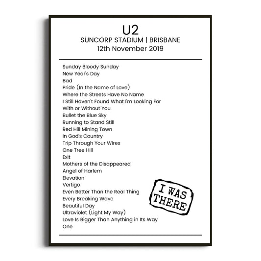 U2 Brisbane 12 November 2019 Setlist Poster