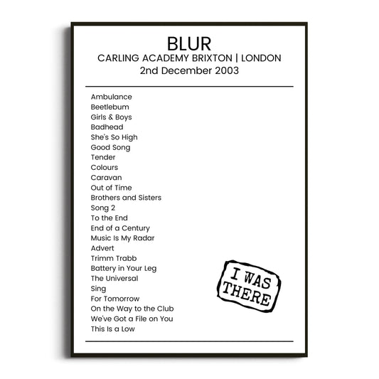 Blur London 02 December 2003 Setlist Poster