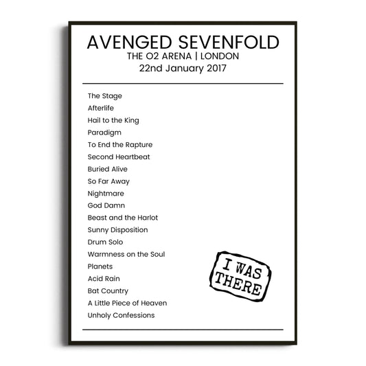 Avenged Sevenfold London 22 January 2017 Setlist Poster