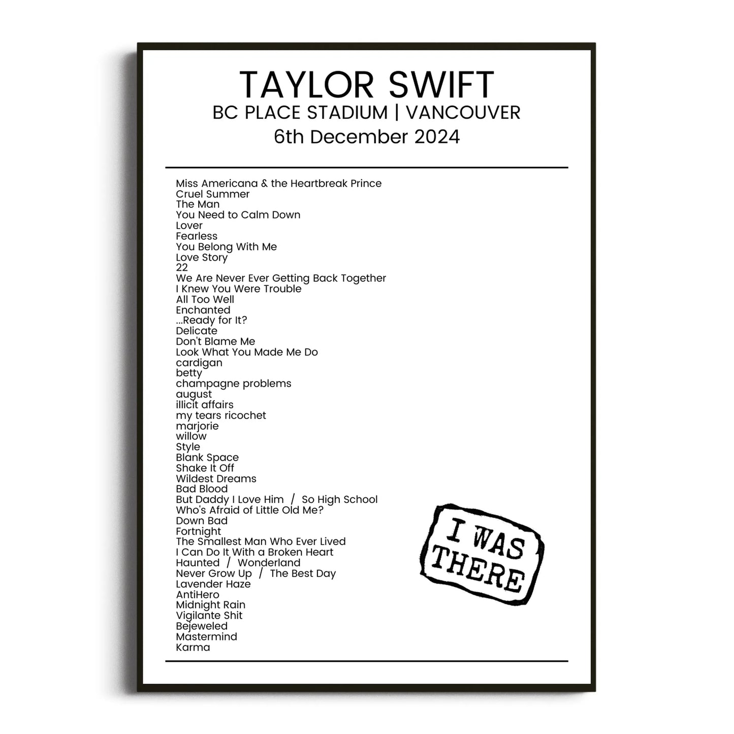 Taylor Swift Vancouver 06 December 2024 Setlist Poster