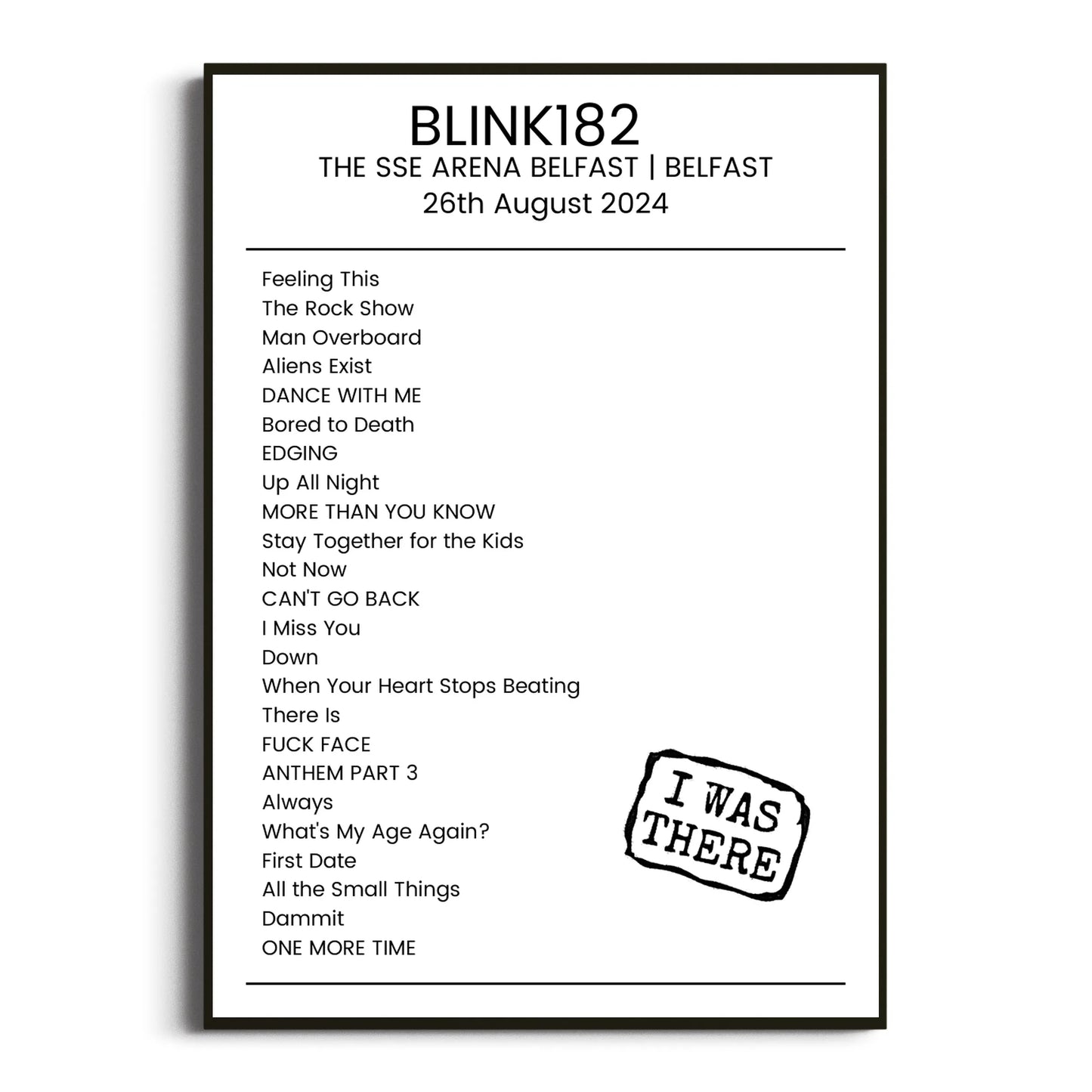 blink‐182 Belfast 26 August 2024 Setlist Poster