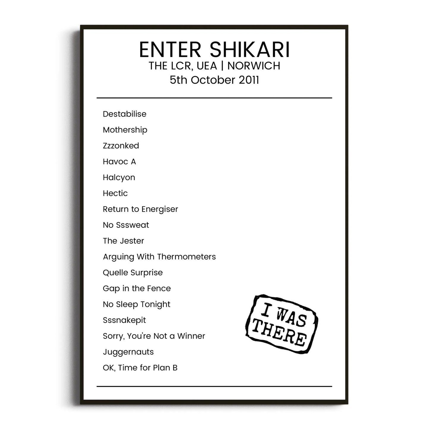 Enter Shikari Norwich 05 October 2011 Setlist Poster