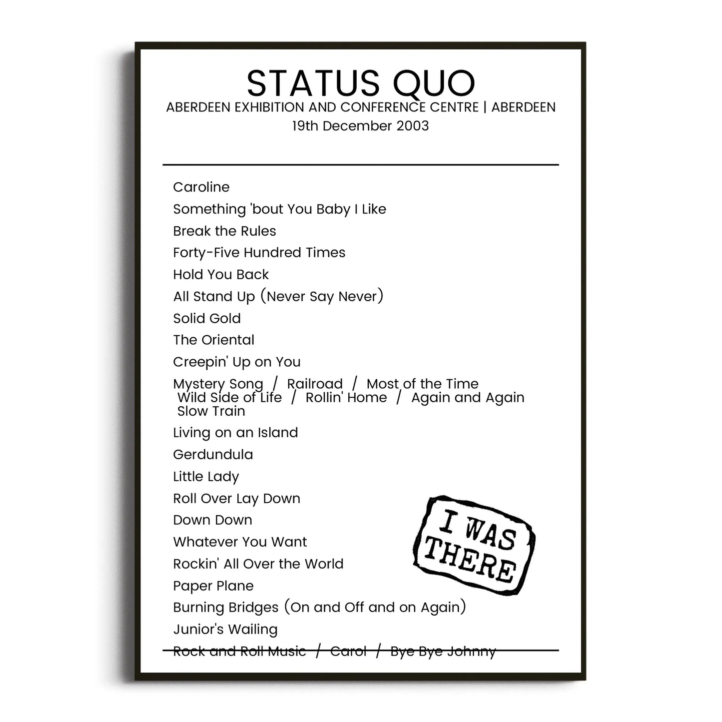 Status Quo Aberdeen 19 December 2003 Setlist Poster