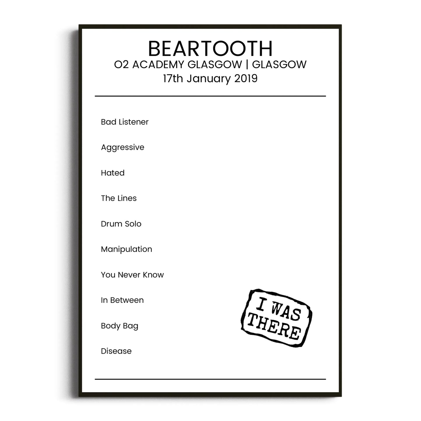 Beartooth Glasgow 17 January 2019 Setlist Poster