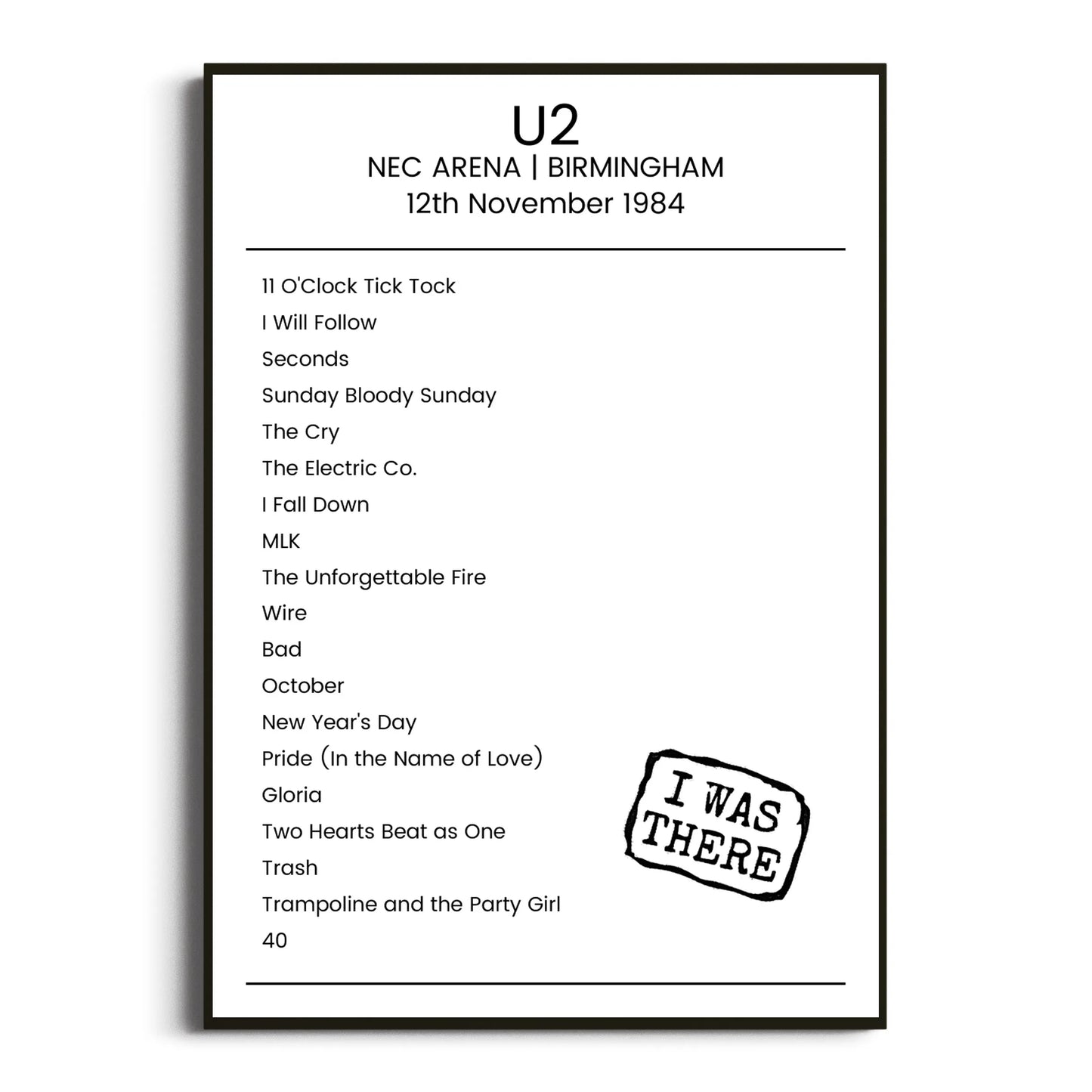 U2 Birmingham 12 November 1984 Setlist Poster