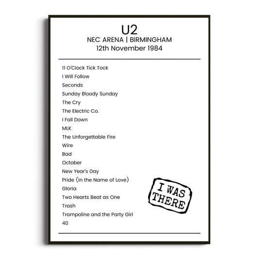 U2 Birmingham 12 November 1984 Setlist Poster