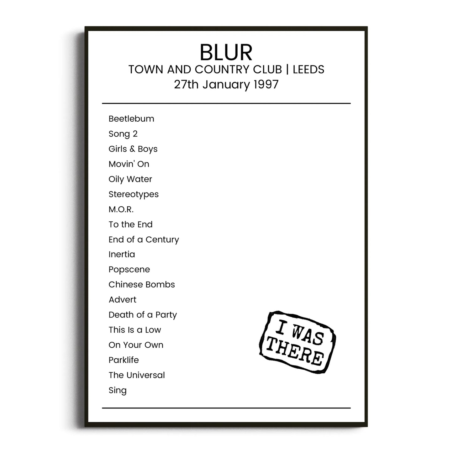 Blur Leeds 27 January 1997 Setlist Poster