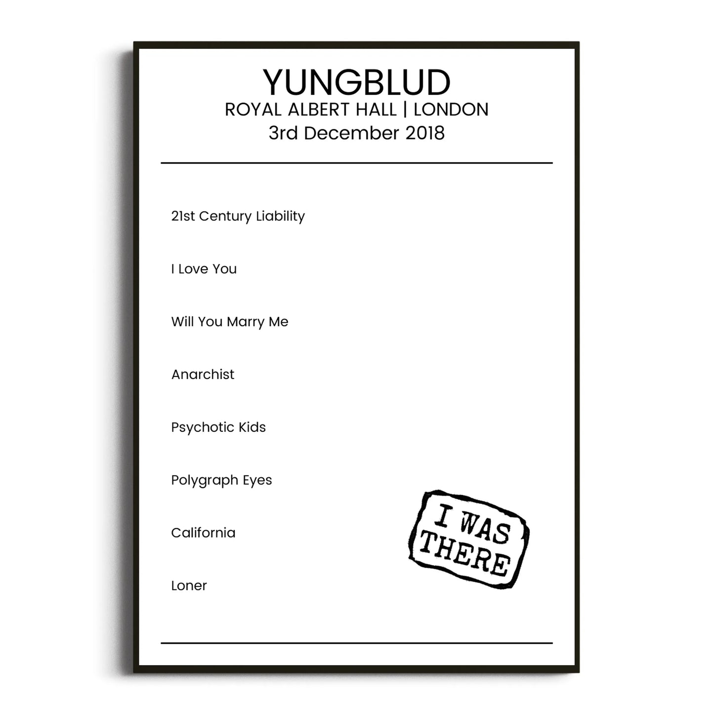 YUNGBLUD London 03 December 2018 Setlist Poster