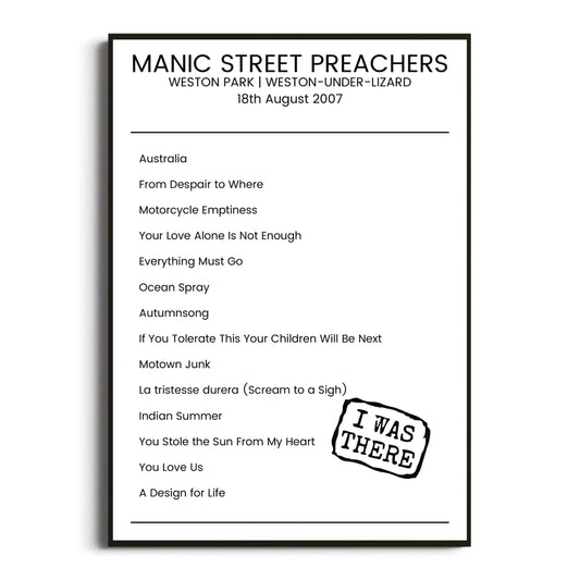 Manic Street Preachers Weston-under-Lizard 18 August 2007 Setlist Poster