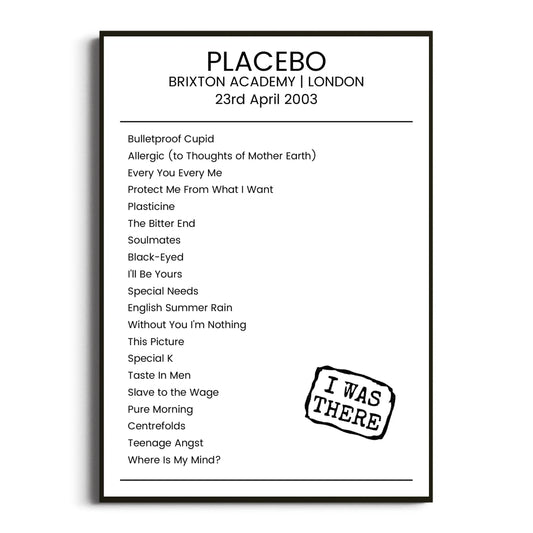 Placebo London 23 April 2003 Setlist Poster