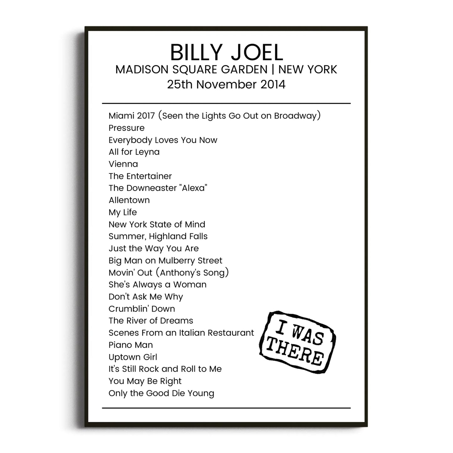 Billy Joel New York 25 November 2014 Setlist Poster